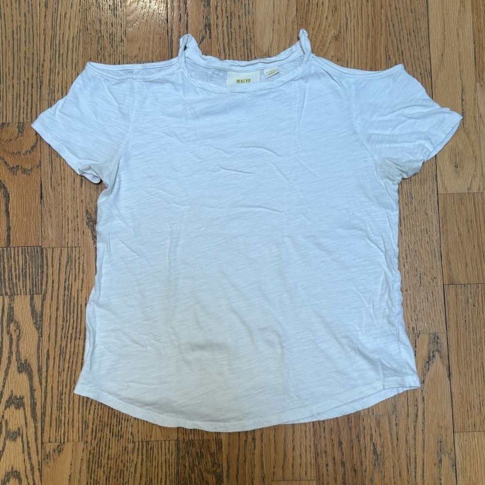 MAEVE BY ANTHROPOLOGIE Cold Shoulder Cut Out White Short Sleeve T Shirt XS